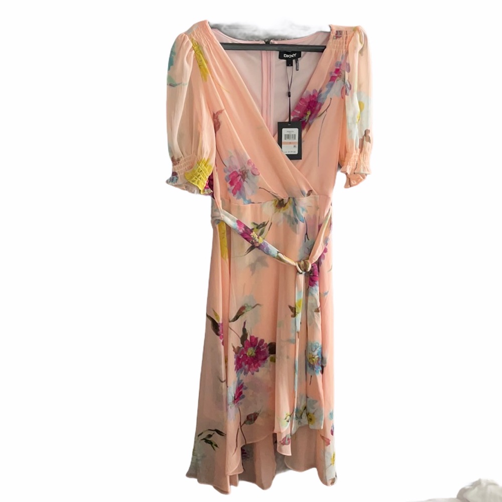 DKNY Floral Chiffon High Low Dress Belted Blush